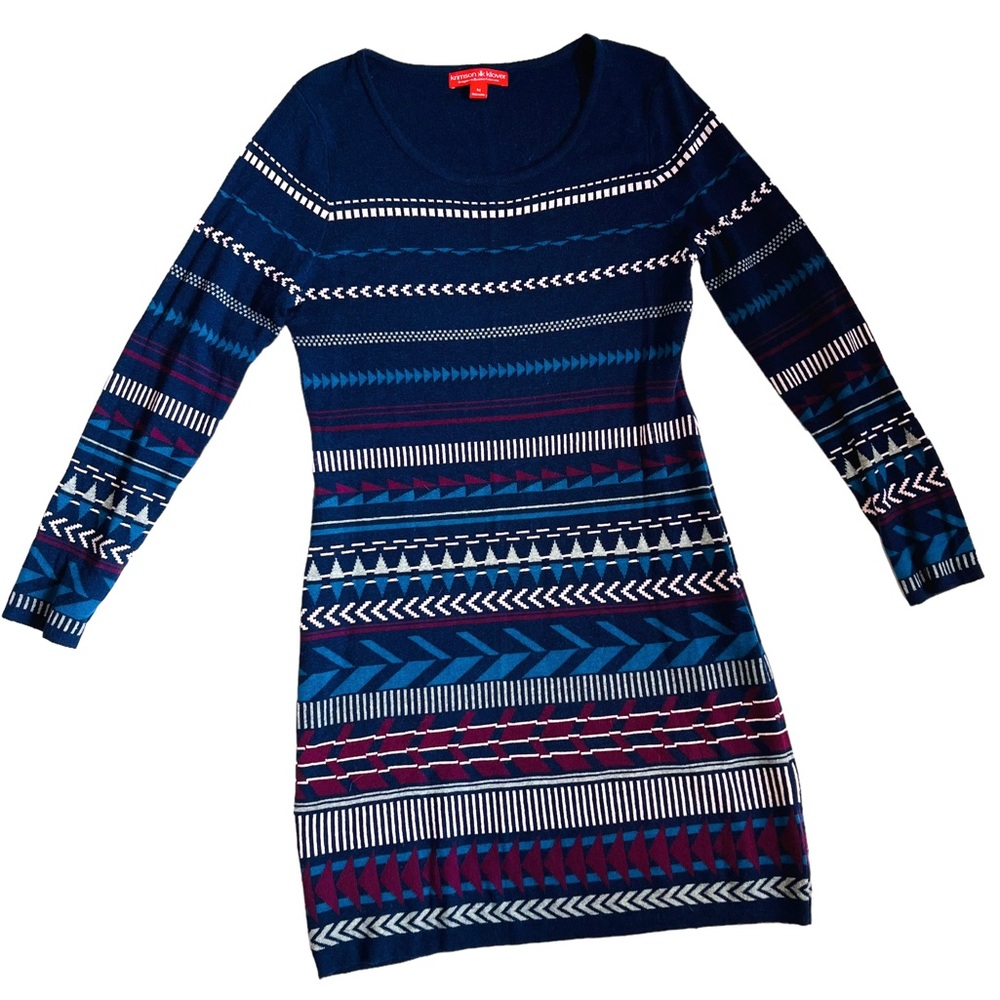 Krimson Klover Sz M Fair Isle Merino Wool Silk Knit Tallchief Blue Sweater Dress - Picture 2 of 14